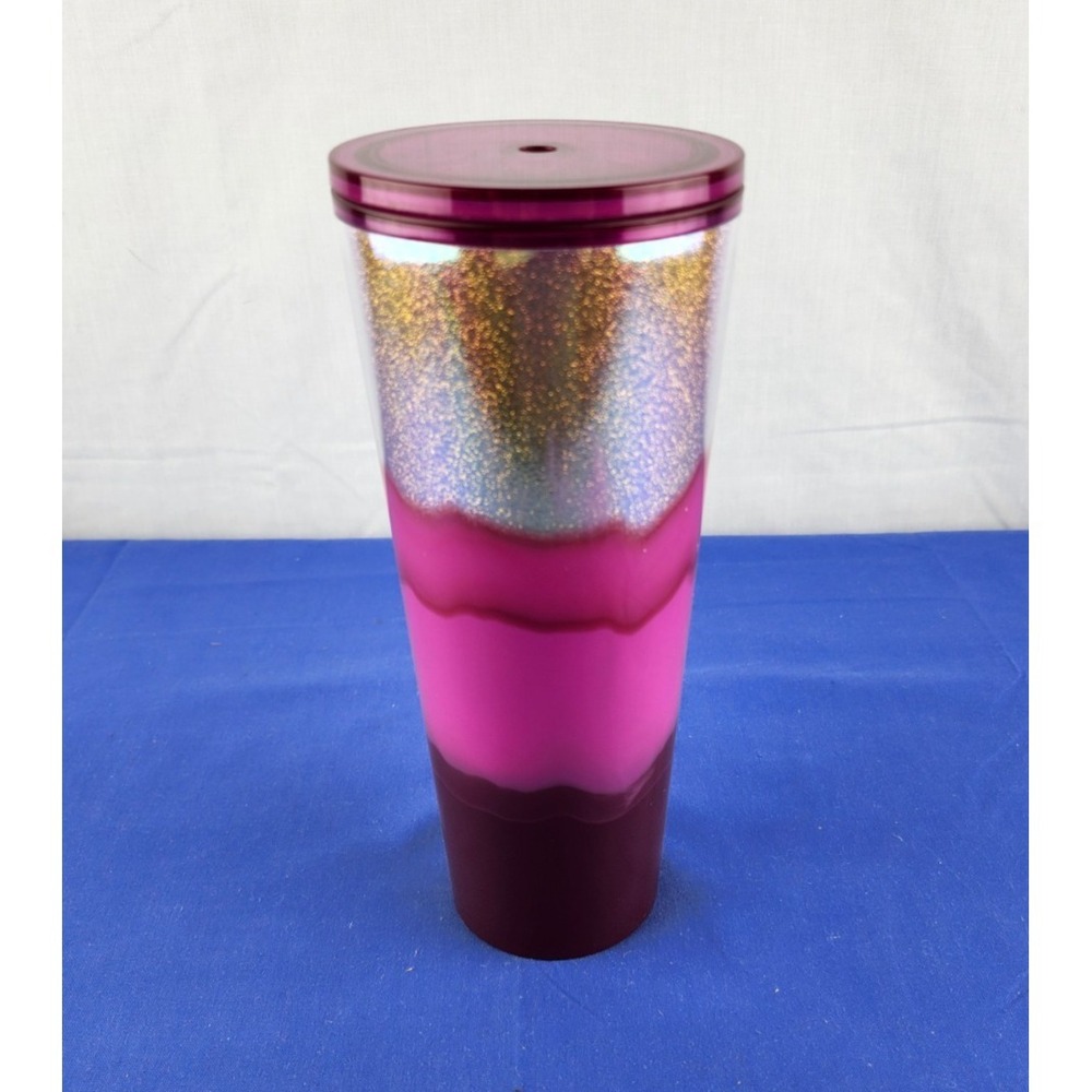 STARBUCKS Venti 24oz Travel Tumbler Glitter Purple Pink 2020 Beach Cold Cup